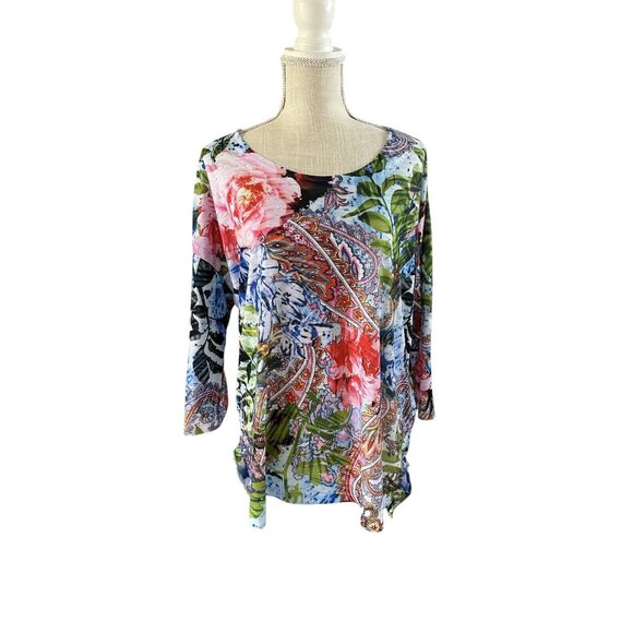 Time and Tru Tops - Time And Tru Womens L Bright Floral & Paisley 3/4 Sleeve Top